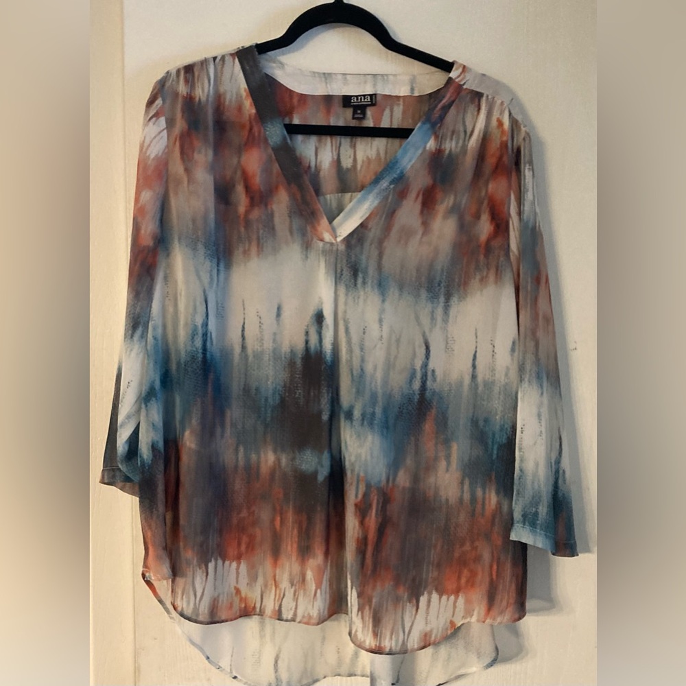 A.N.A Blue and Orange Asymmetrical 3/4 Sleeve Blouse